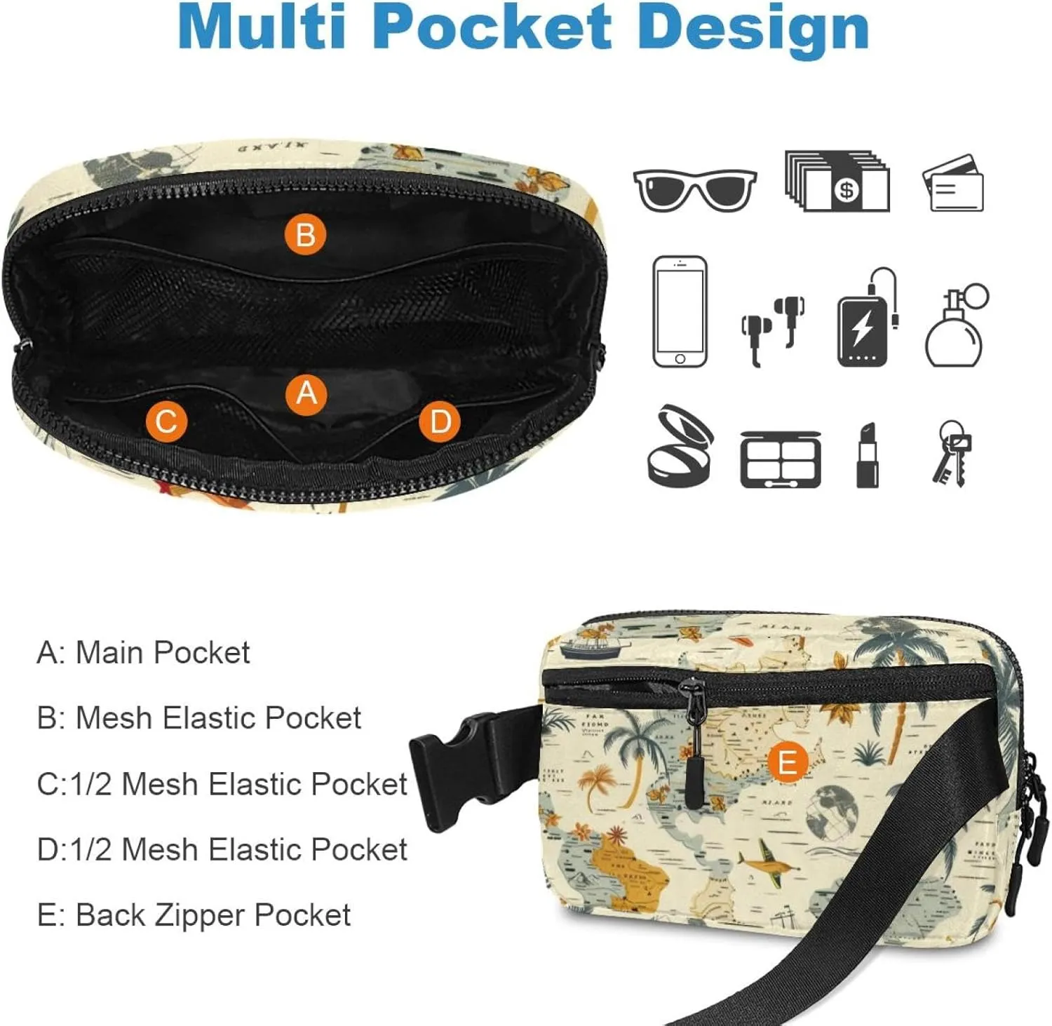 Waterproof Fanny Pack Black Belt Bag with Adjustable Strap for Women and Men,Traveling Map Crossbody Fanny Bag with Zipper for Hiking Running Travel