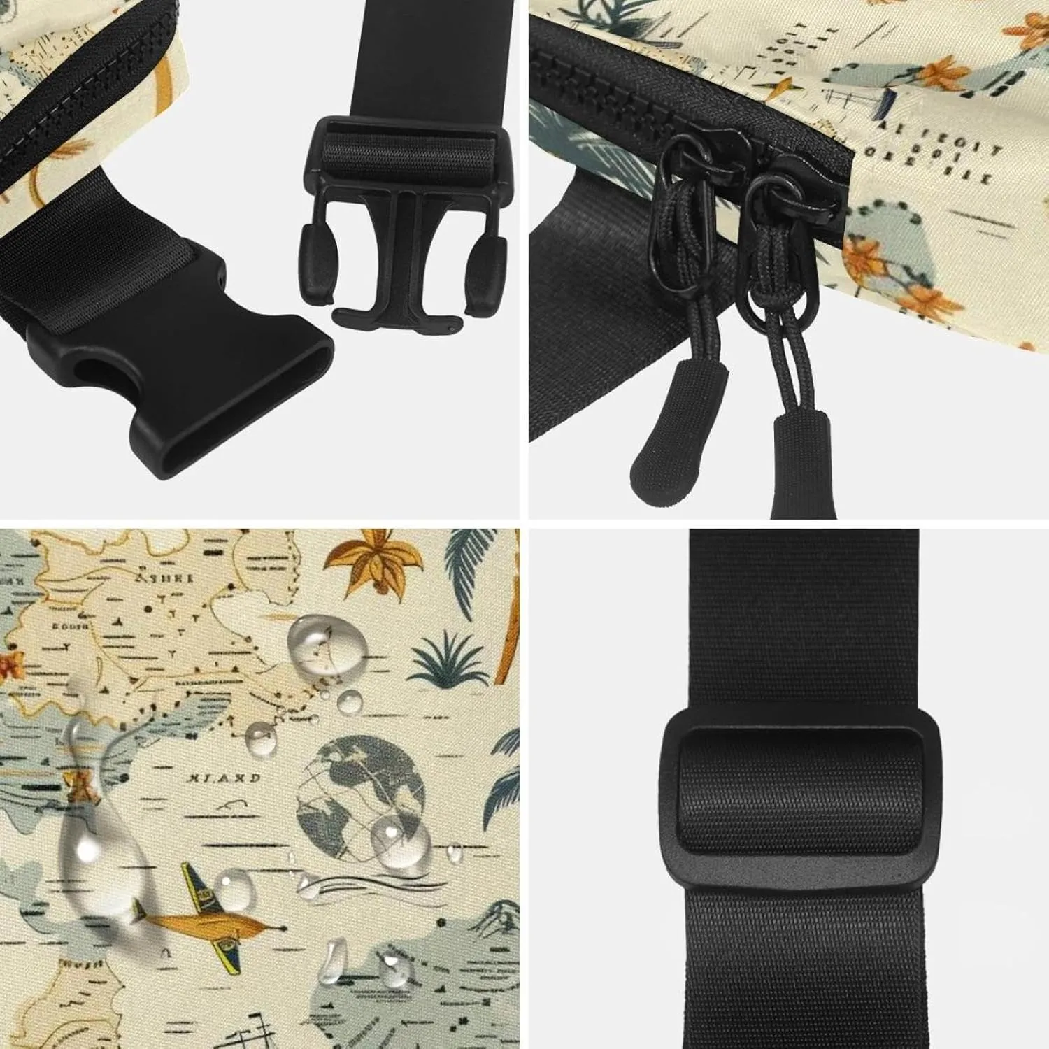 Waterproof Fanny Pack Black Belt Bag with Adjustable Strap for Women and Men,Traveling Map Crossbody Fanny Bag with Zipper for Hiking Running Travel