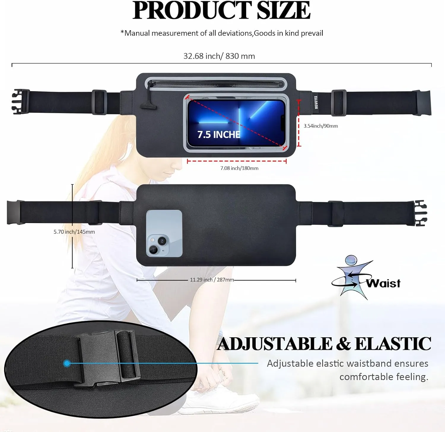 Waterproof Fanny Pack Women Men Running Belt Bag Everywhere Kids Phone Pouch Small,Slim Clear Crossbody Waist Bag for Travel GYM Hiking Waist Pack Kayaking Swimming Dry Bags Water Sport Black