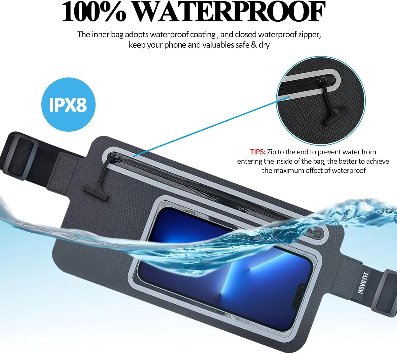 Waterproof Fanny Pack Women Men Running Belt Bag Everywhere Kids Phone Pouch Small,Slim Clear Crossbody Waist Bag for Travel GYM Hiking Waist Pack Kayaking Swimming Dry Bags Water Sport Black