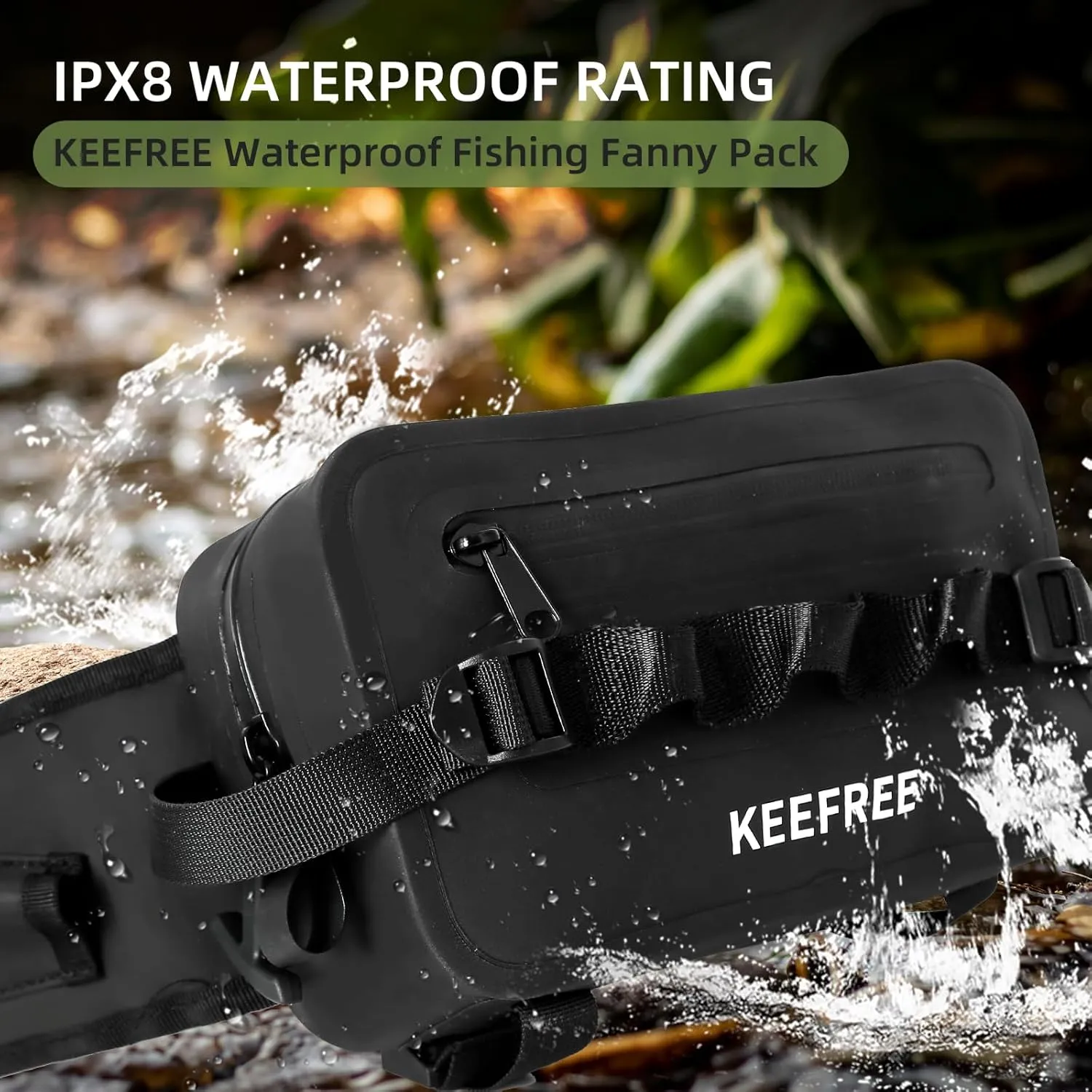 Waterproof Waist Bag with Fishing Rod Holder, Fanny Pack with Airtight Zipper Closure Multi-functional Lightweight Tackle Bag for Fly Fishing Outdoor Sports Camping Kayaking (Black)