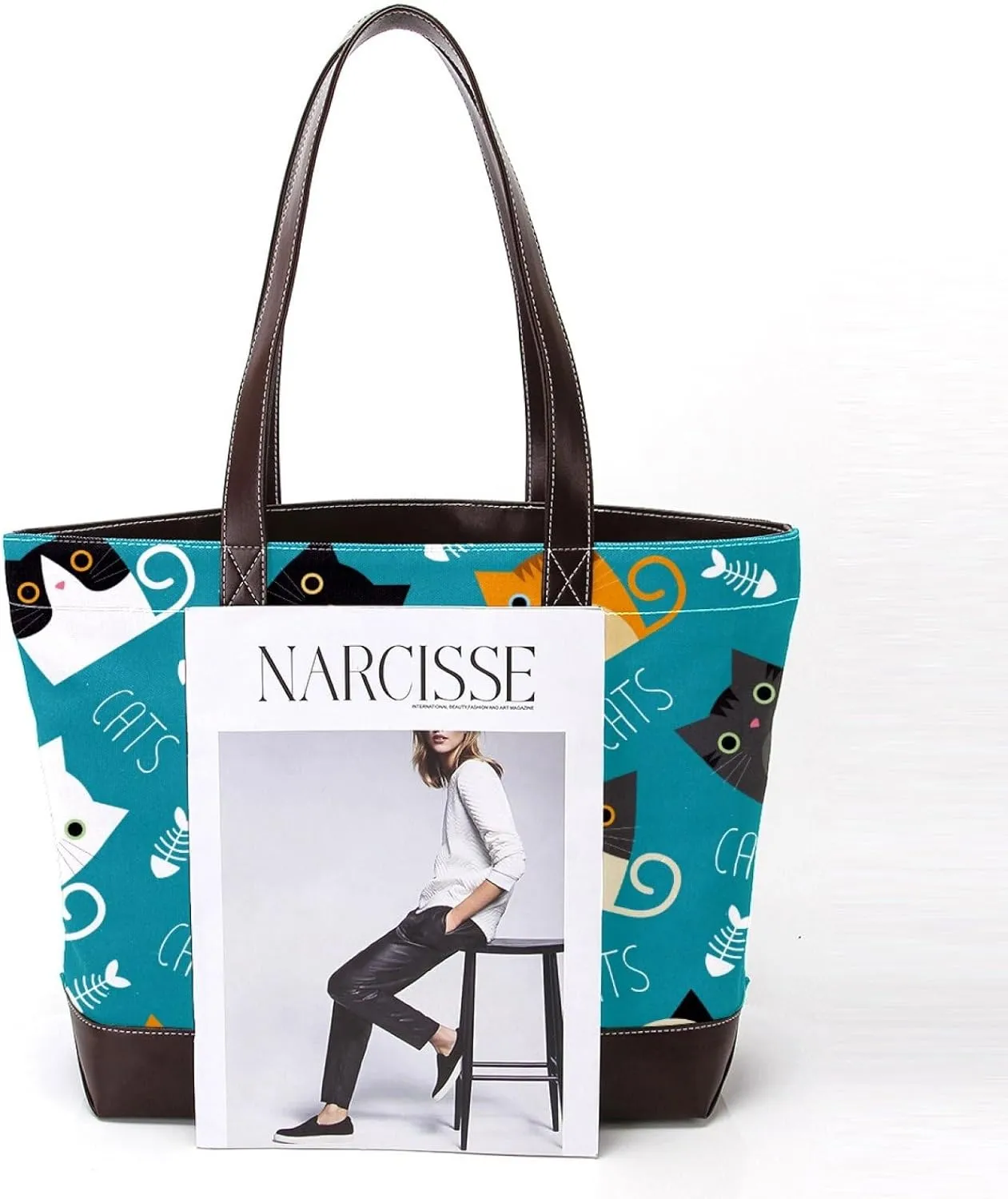 Waving Cute Cat Tote Bags Durable Leather Canvas Purses and Handbags for Women