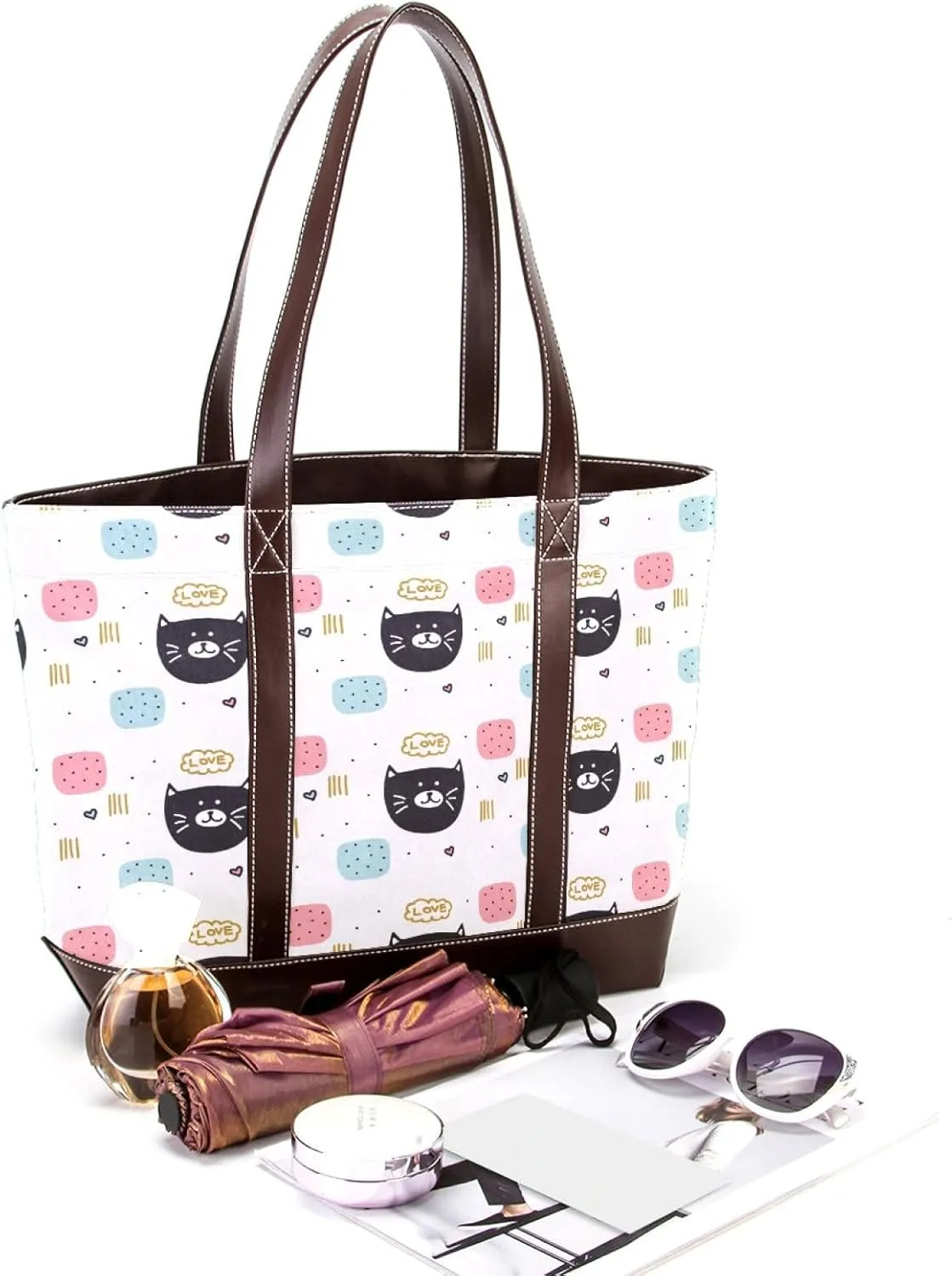 Waving Cute Cat Tote Bags Durable Leather Canvas Purses and Handbags for Women