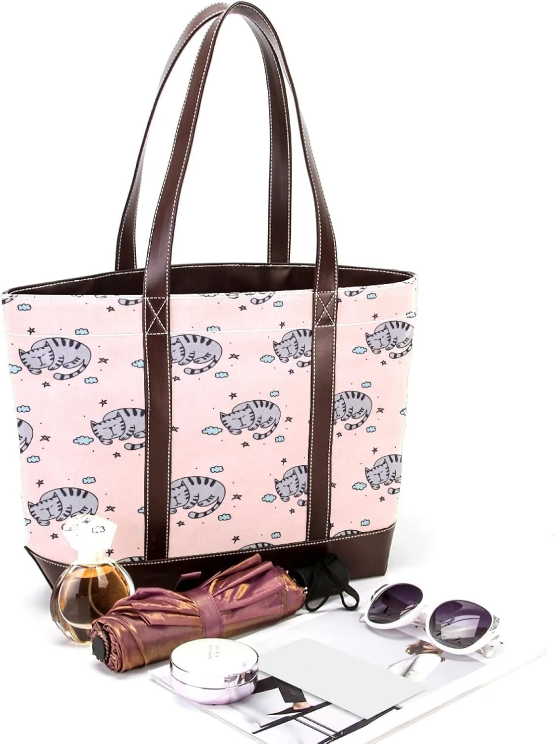 Waving Cute Cat Tote Bags Durable Leather Canvas Purses and Handbags for Women