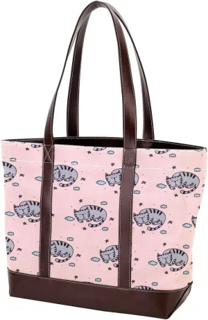 Waving Cute Cat Tote Bags Durable Leather Canvas Purses and Handbags for Women