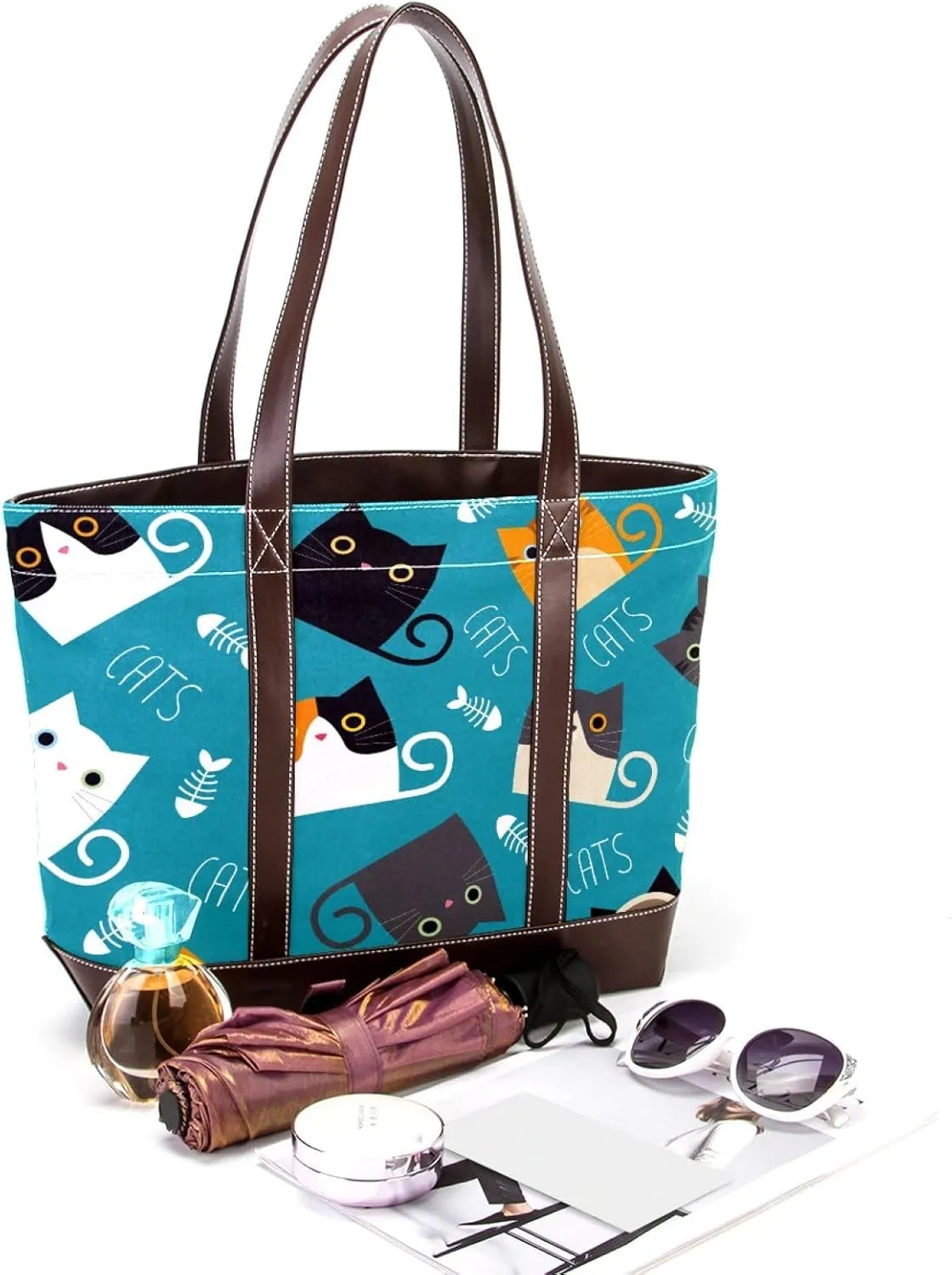 Waving Cute Cat Tote Bags Durable Leather Canvas Purses and Handbags for Women