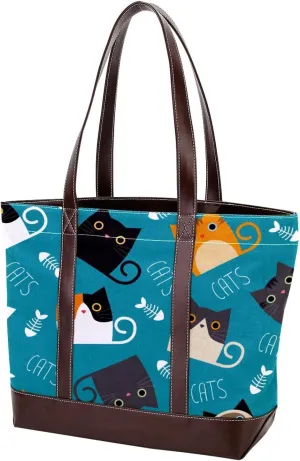 Waving Cute Cat Tote Bags Durable Leather Canvas Purses and Handbags for Women