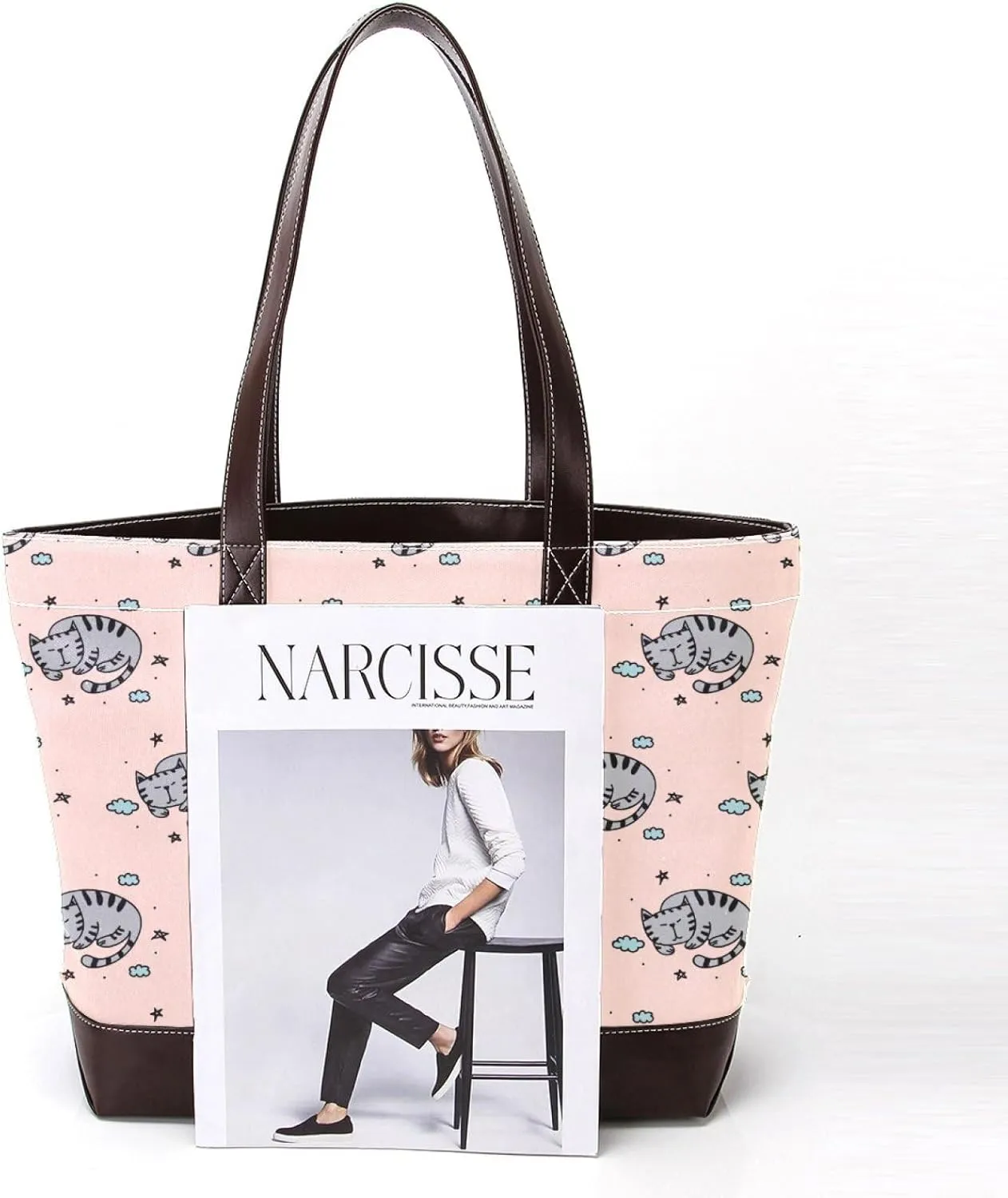 Waving Cute Cat Tote Bags Durable Leather Canvas Purses and Handbags for Women