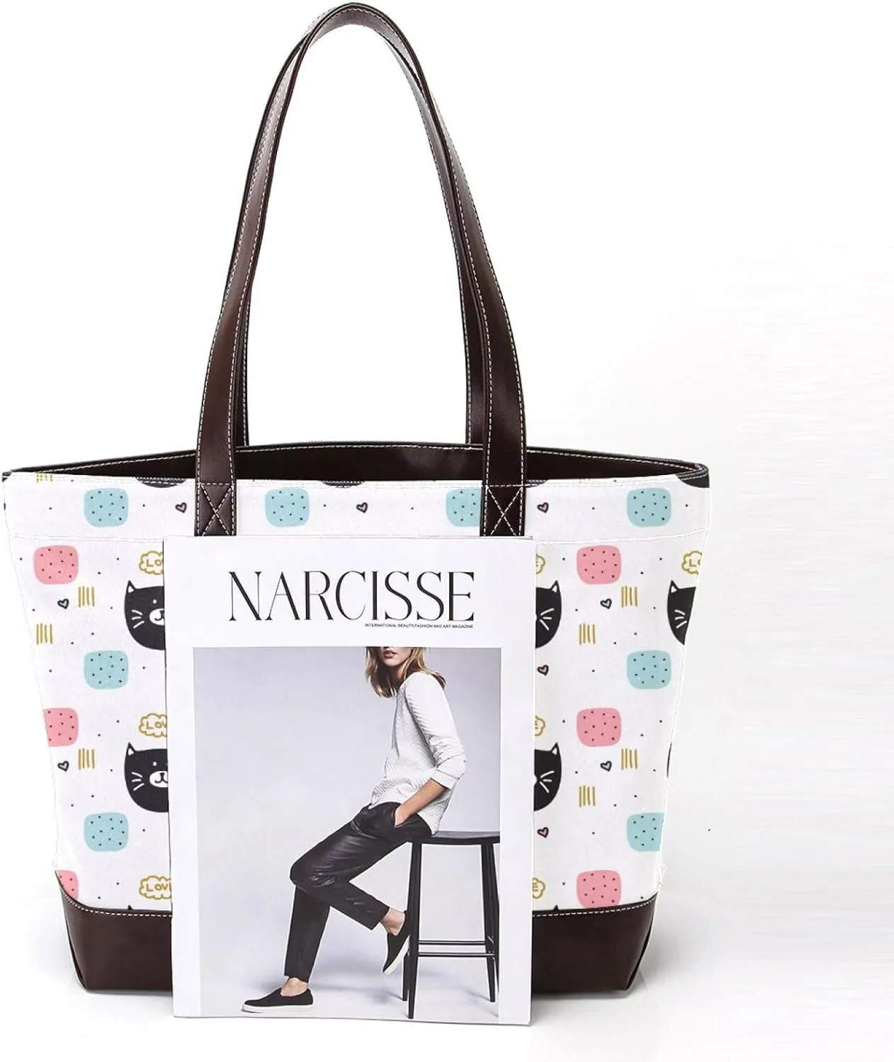 Waving Cute Cat Tote Bags Durable Leather Canvas Purses and Handbags for Women