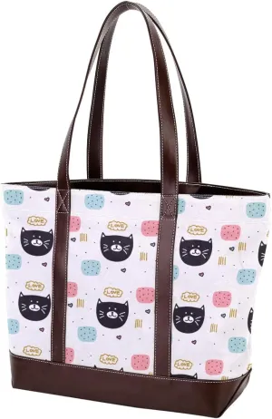 Waving Cute Cat Tote Bags Durable Leather Canvas Purses and Handbags for Women
