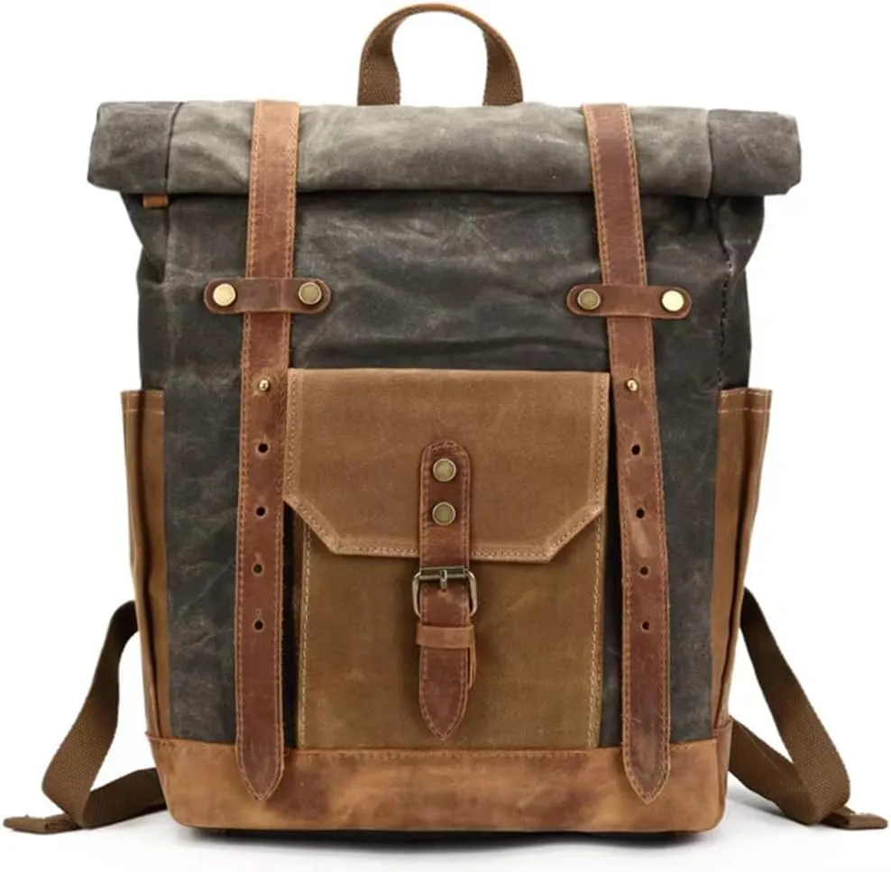 Waxed Canvas Leather Hiking Travel Waterproof Backpack for College Weekend Travel Fit 15in laptops (Classic Army Green)