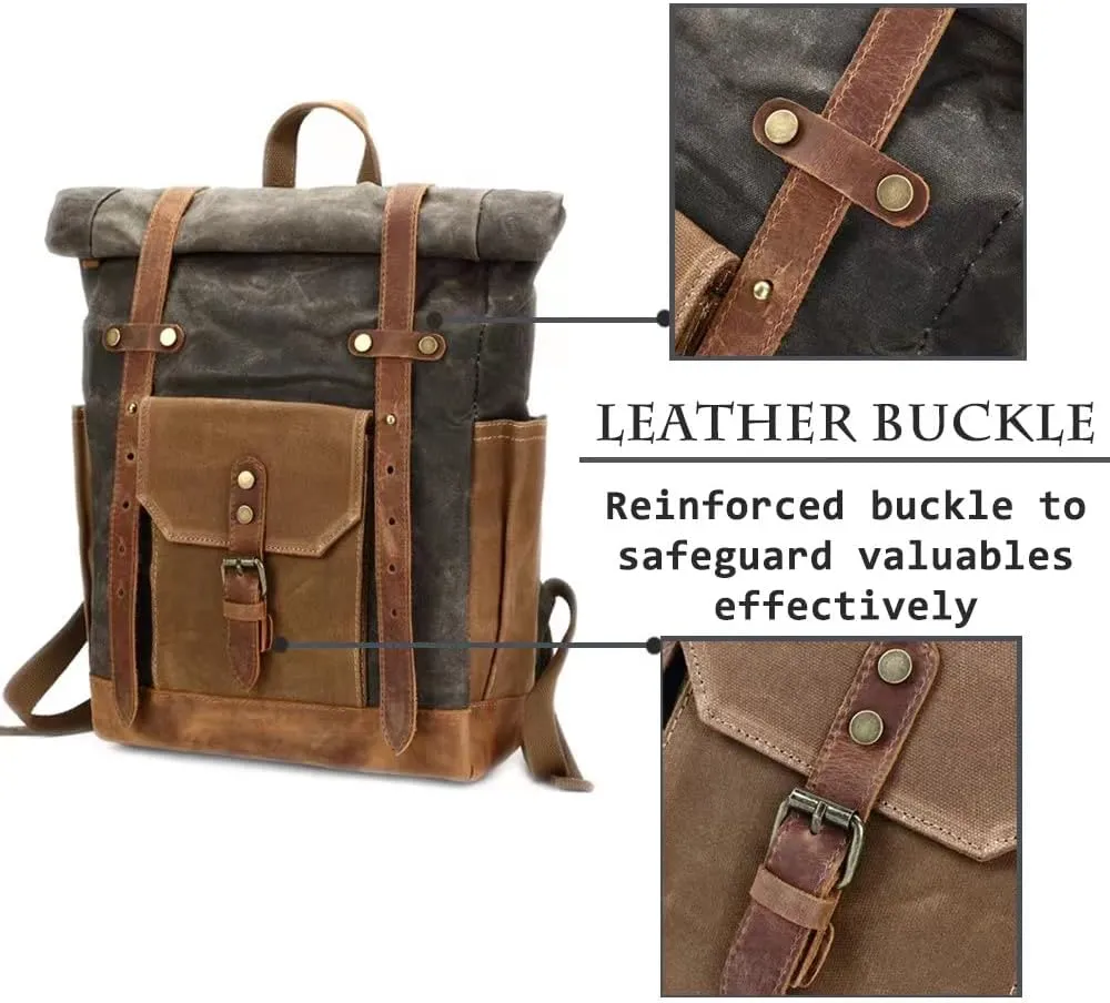 Waxed Canvas Leather Hiking Travel Waterproof Backpack for College Weekend Travel Fit 15in laptops (Classic Army Green)