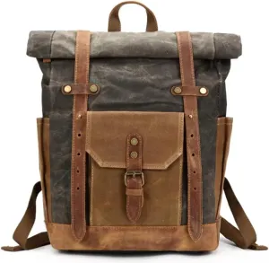 Waxed Canvas Leather Hiking Travel Waterproof Backpack for College Weekend Travel Fit 15in laptops (Classic Army Green)