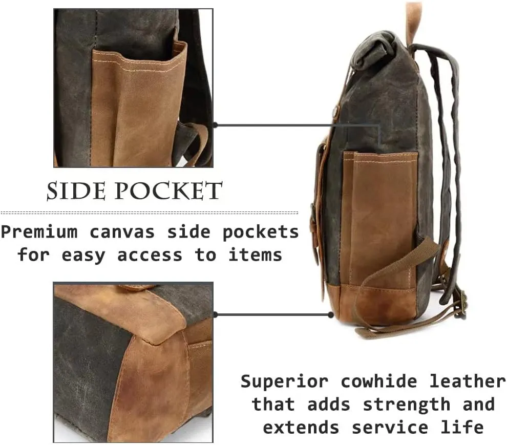 Waxed Canvas Leather Hiking Travel Waterproof Backpack for College Weekend Travel Fit 15in laptops (Classic Army Green)
