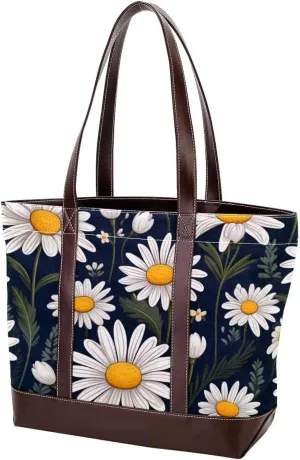 White Aesthetic Daisy-400 Tote Bags Durable Leather Canvas Purses and Handbags for Women Top Handle Shoulder Satchel Hobo Bags