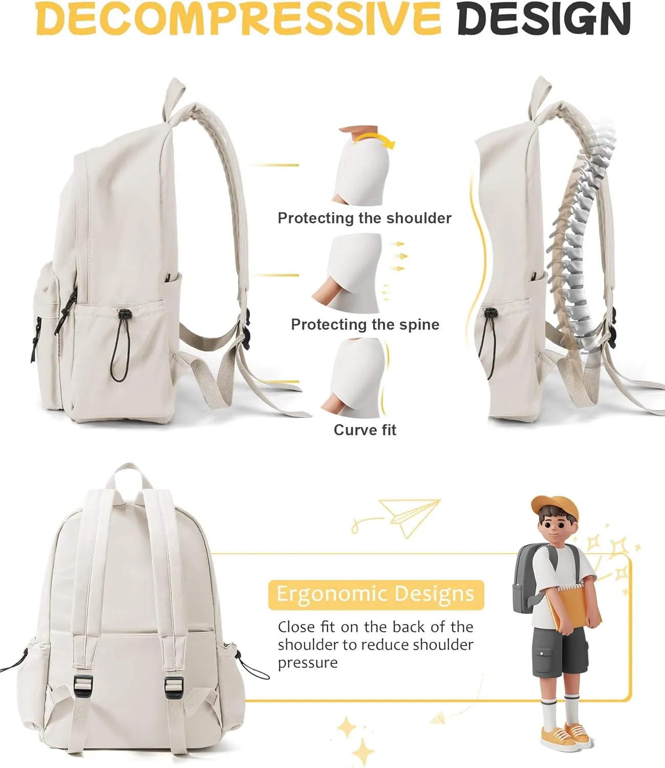 White Backpack for Girls Women Waterproof High School Book Bag Cute Backpack for Men Teens Boys, Lightweight Simple Middle School Back Pack Daypack