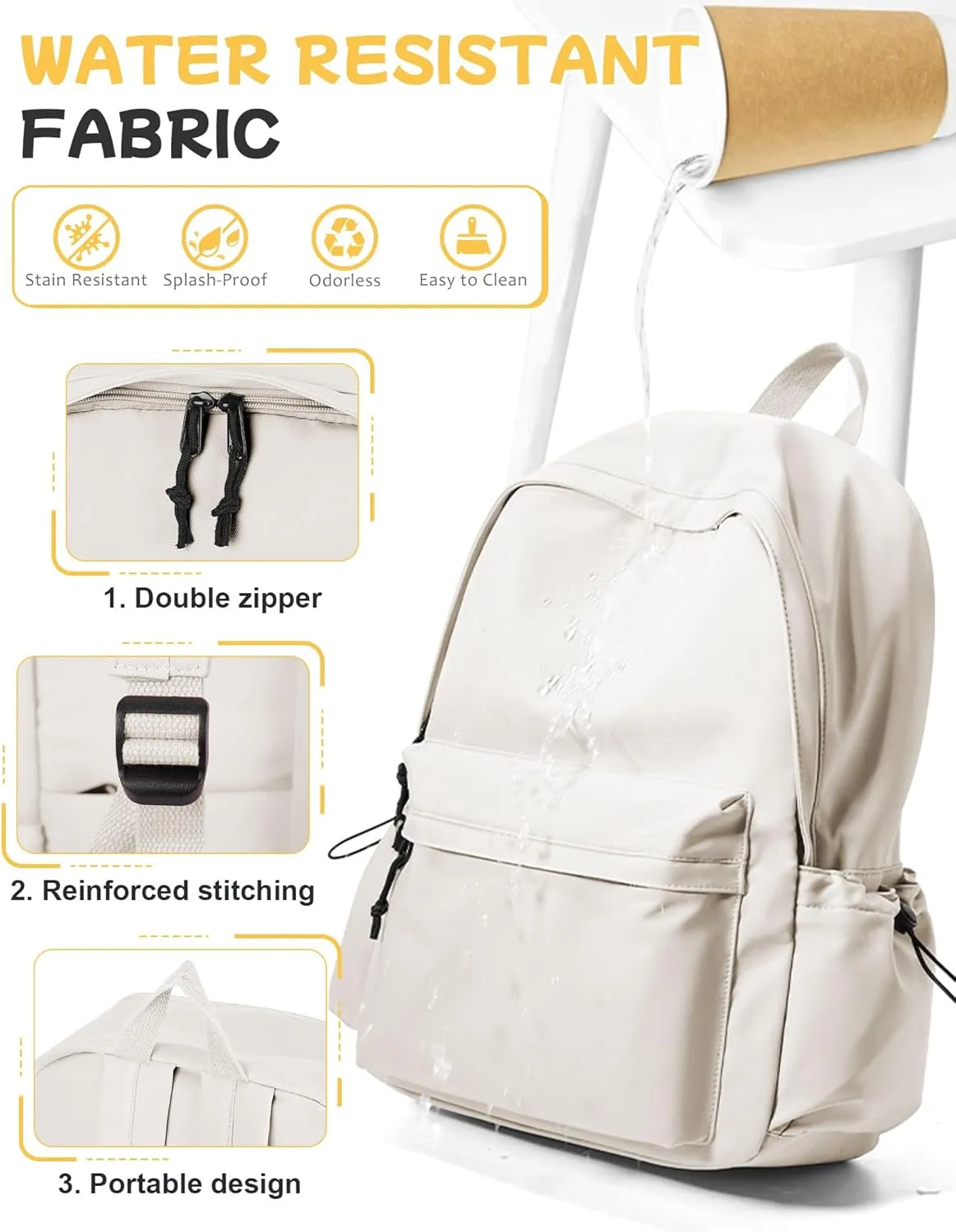 White Backpack for Girls Women Waterproof High School Book Bag Cute Backpack for Men Teens Boys, Lightweight Simple Middle School Back Pack Daypack