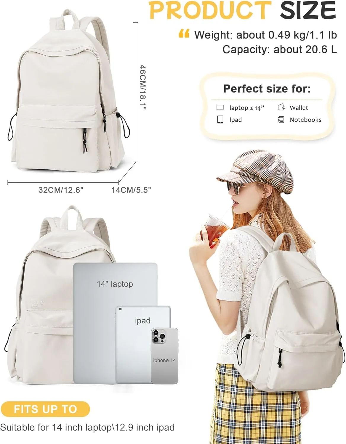 White Backpack for Girls Women Waterproof High School Book Bag Cute Backpack for Men Teens Boys, Lightweight Simple Middle School Back Pack Daypack