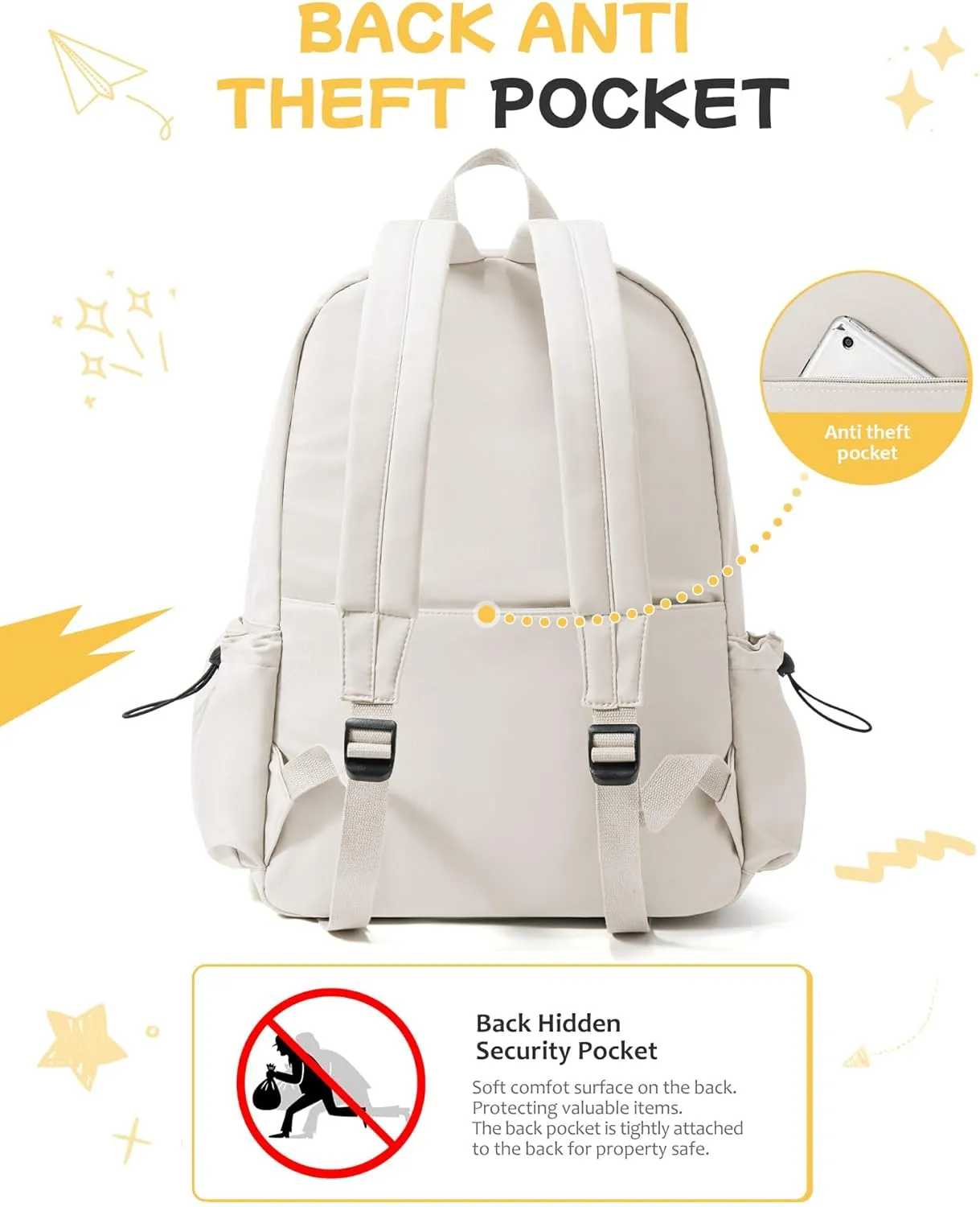 White Backpack for Girls Women Waterproof High School Book Bag Cute Backpack for Men Teens Boys, Lightweight Simple Middle School Back Pack Daypack