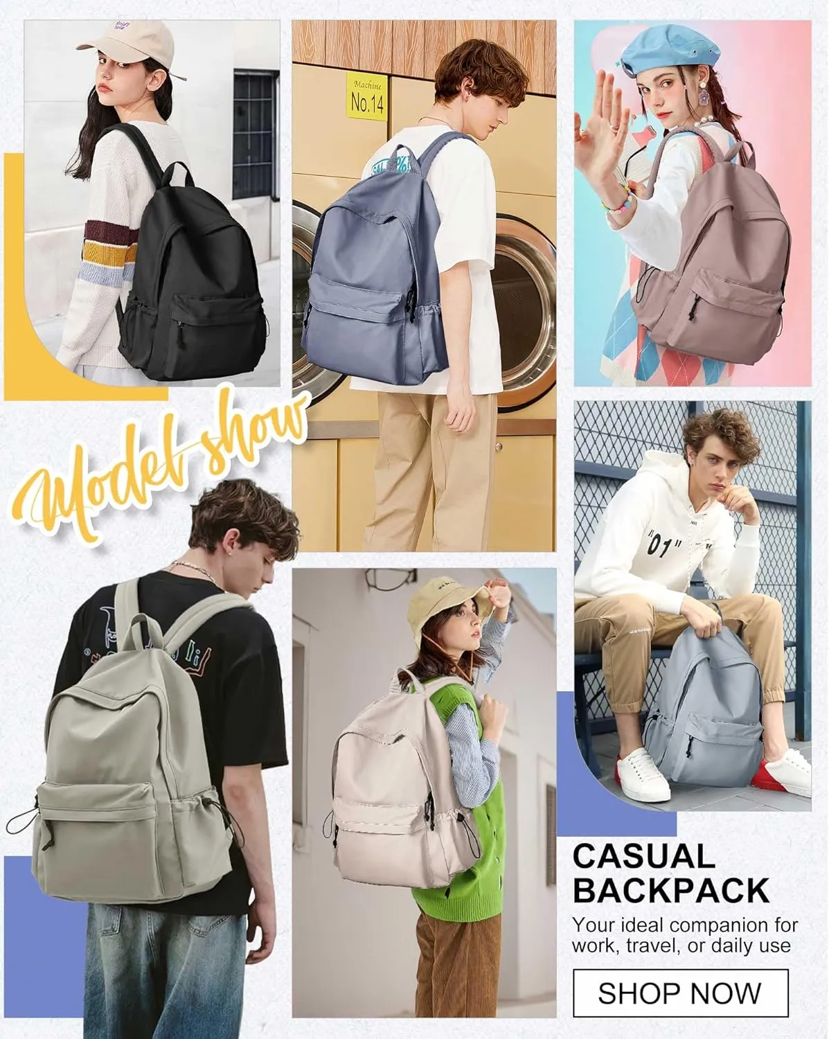 White Backpack for Girls Women Waterproof High School Book Bag Cute Backpack for Men Teens Boys, Lightweight Simple Middle School Back Pack Daypack