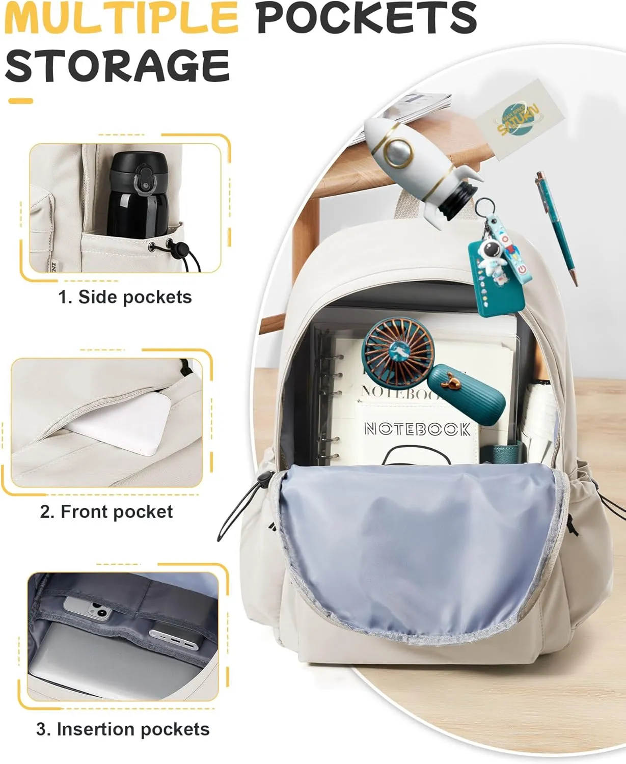 White Backpack for Girls Women Waterproof High School Book Bag Cute Backpack for Men Teens Boys, Lightweight Simple Middle School Back Pack Daypack