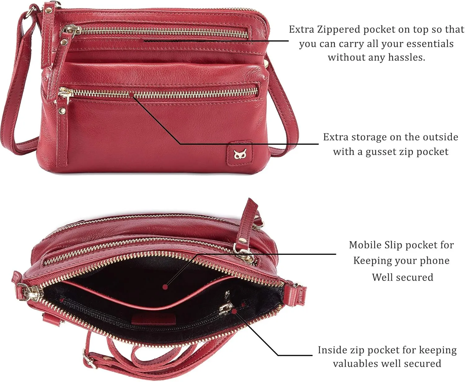 Wise Owl Accessories Small Crossbody Sling Bag Real Leather Purse for Women Crossover Trendy Shoulder Handbag