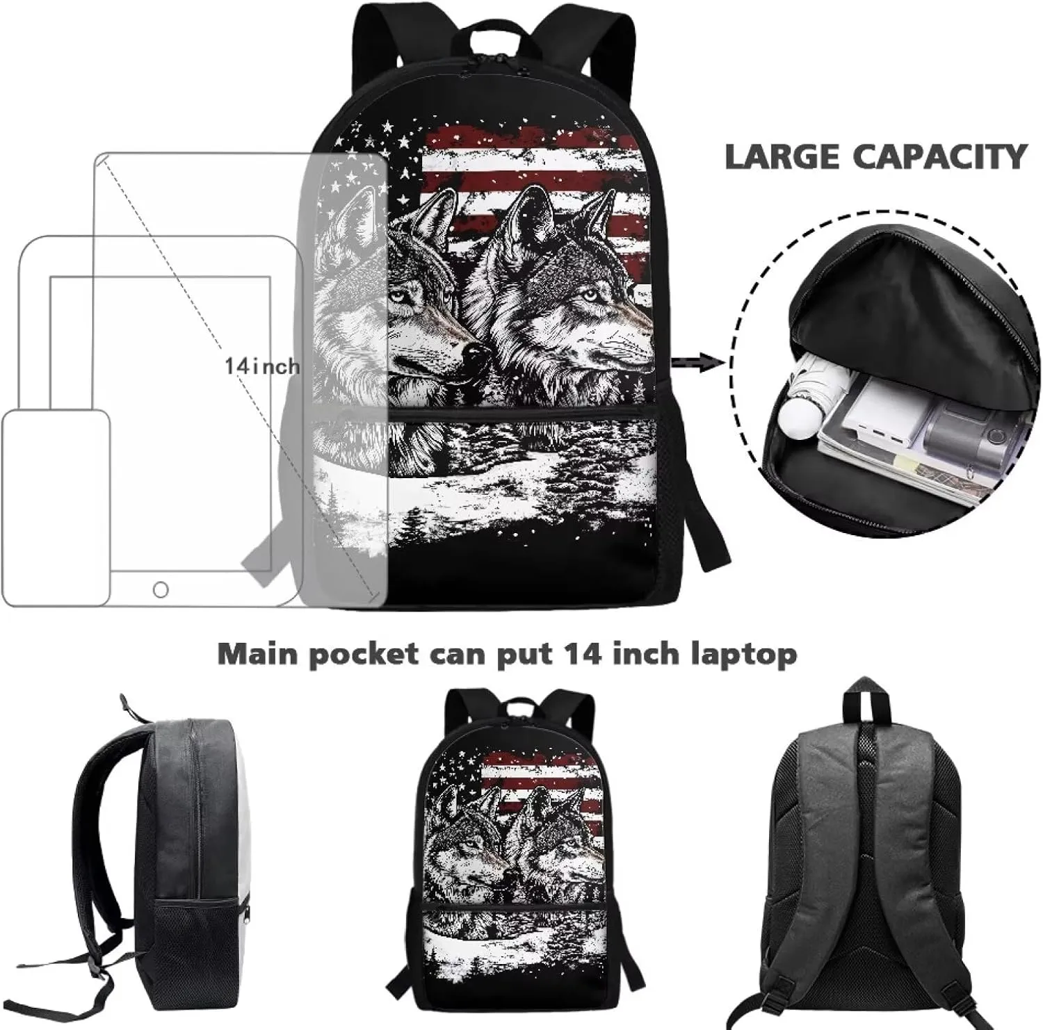 Wolf Student Backpack Polyester Book Bag for Teens Ergonomic Kids Backpack Lightweight Elementary School Bag Spine Protection Shoulder Daypacks Rucksack for Boys