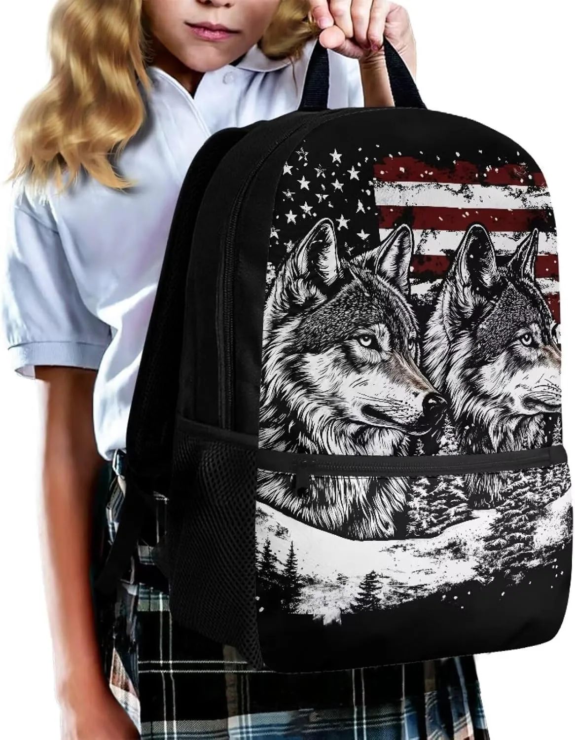 Wolf Student Backpack Polyester Book Bag for Teens Ergonomic Kids Backpack Lightweight Elementary School Bag Spine Protection Shoulder Daypacks Rucksack for Boys