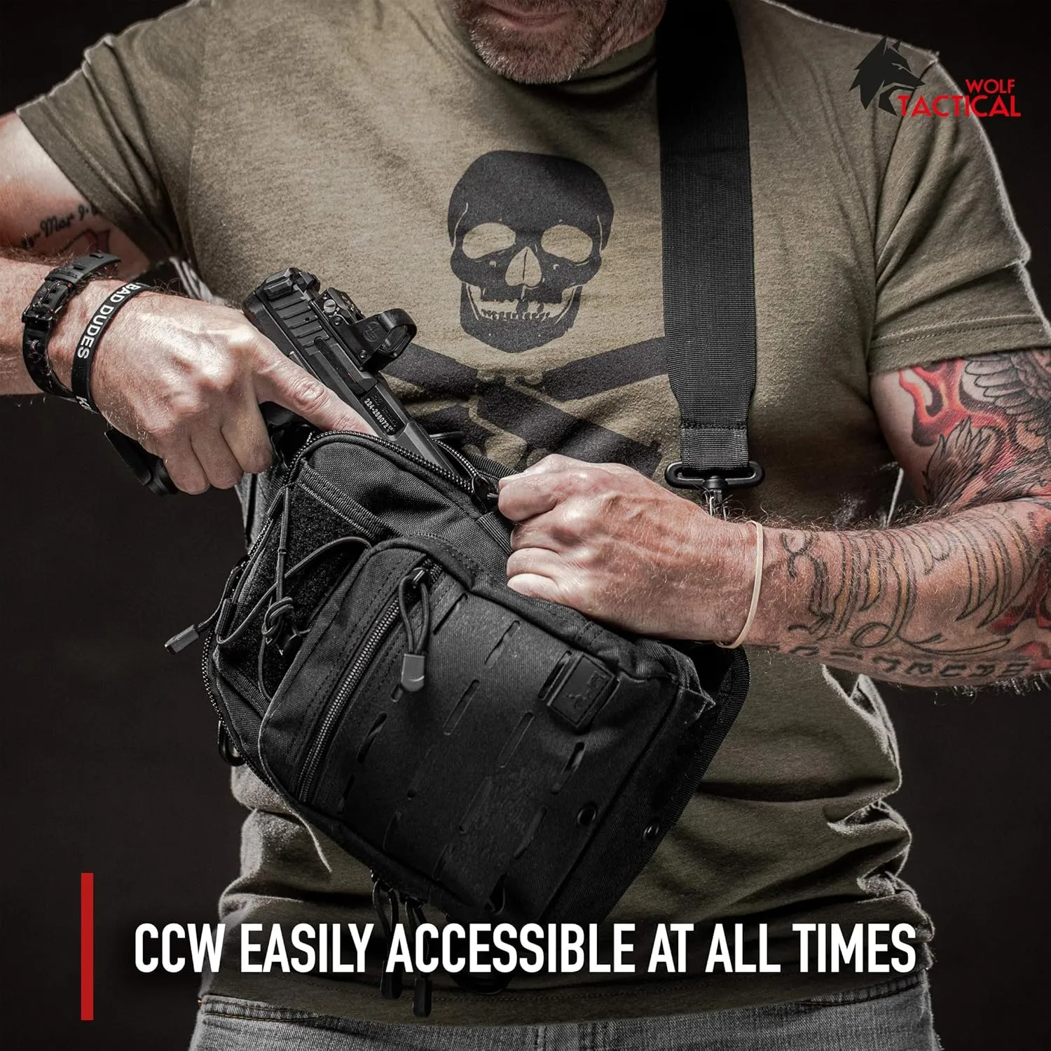 WOLF TACTICAL Compact EDC Sling Bag - Concealed Carry Shoulder Bag for Range, Travel, Hiking, Outdoor Sports