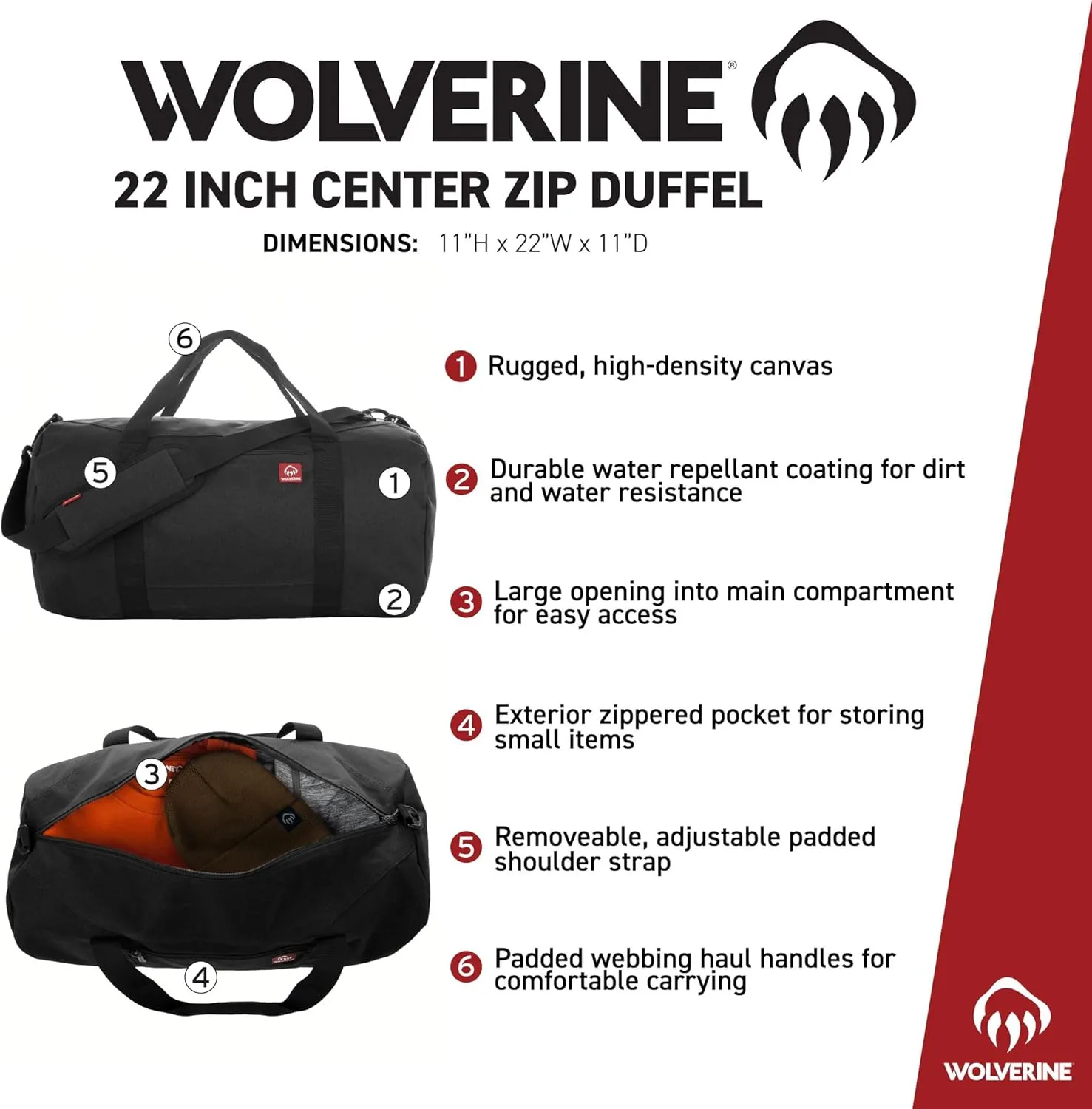 WOLVERINE 22" Duffel Bag | Heavy Duty | Travel | Work | Outdoor | Center Zip | Barrel | Adjustable Strap