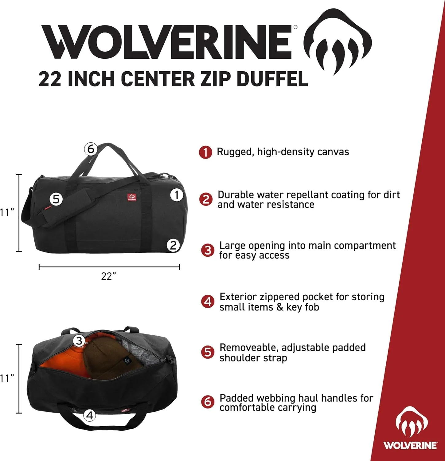 WOLVERINE 22" Duffel Bag | Heavy Duty | Travel | Work | Outdoor | Center Zip | Barrel | Adjustable Strap