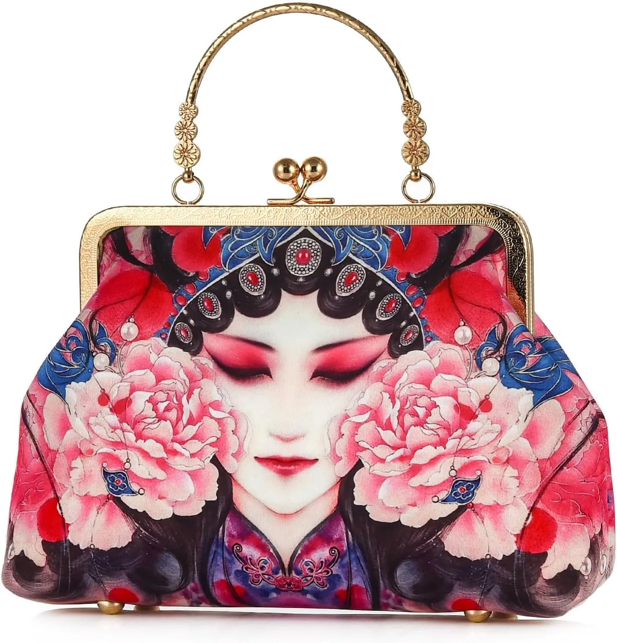 Women China Chic Retro Top-handle Bag Vintage Kiss Lock Tote Handbag Wedding Party Evening Clutch Purse With Chain Strap