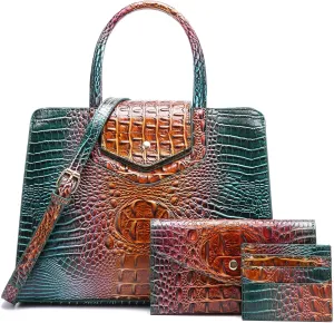 Women Embossed Pattern Satchel Handbags Wallet 3 pcs Set Crossbody Tote Top Handle Vegan Leather Ladies Bag
