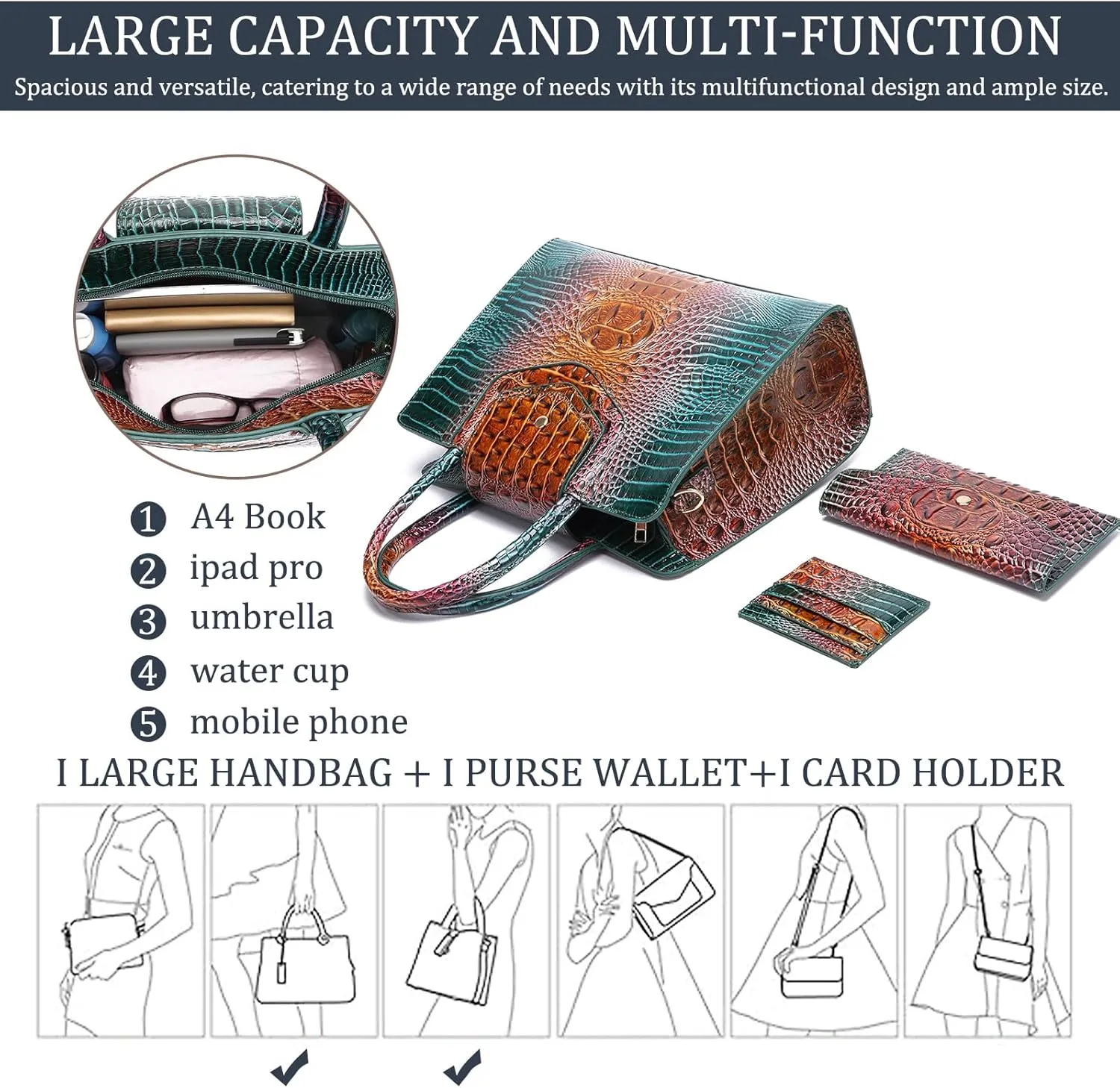 Women Embossed Pattern Satchel Handbags Wallet 3 pcs Set Crossbody Tote Top Handle Vegan Leather Ladies Bag