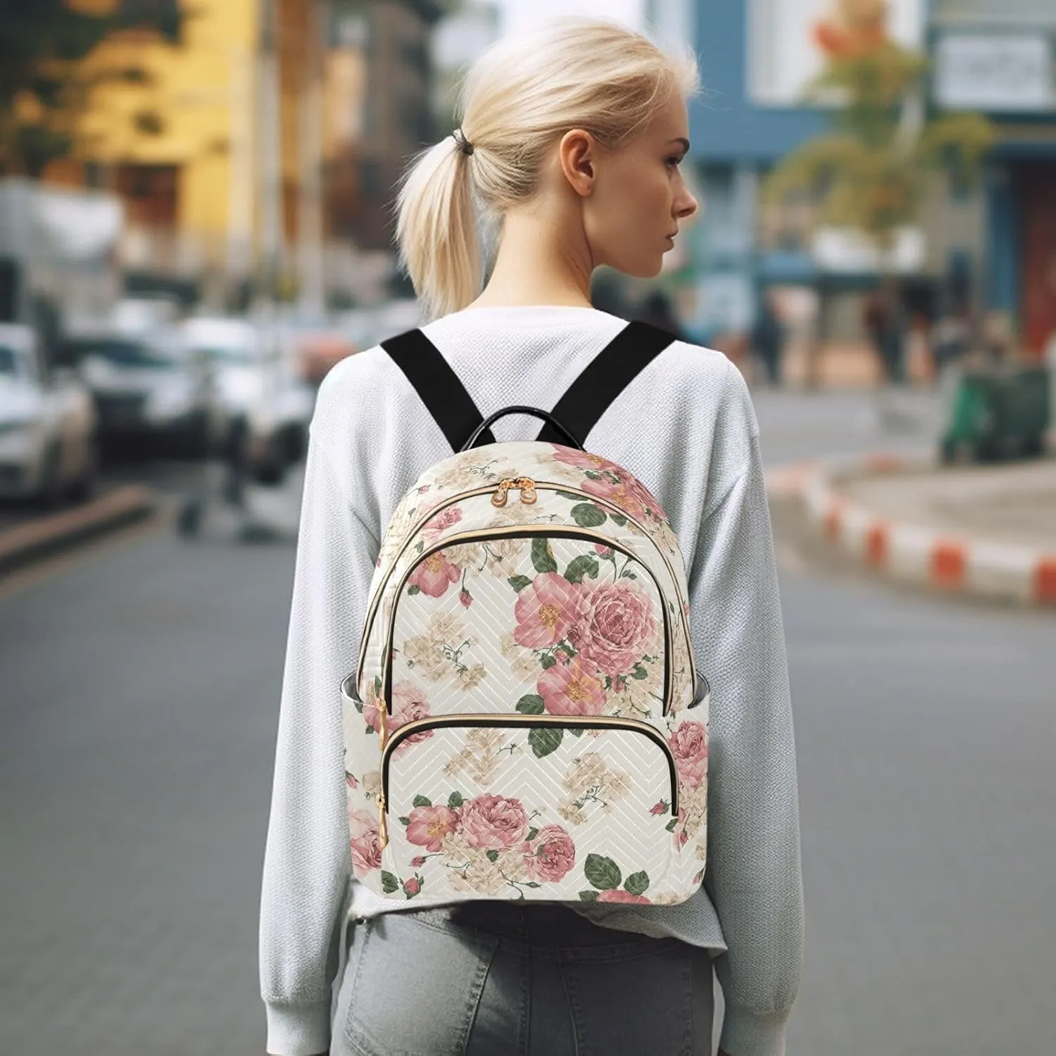 Women Fashion Backpack Purse Casual Lightweight Travel Shoulder Bag Beautiful Roses Vintage Floral Rucksack Ladies Bag, Small