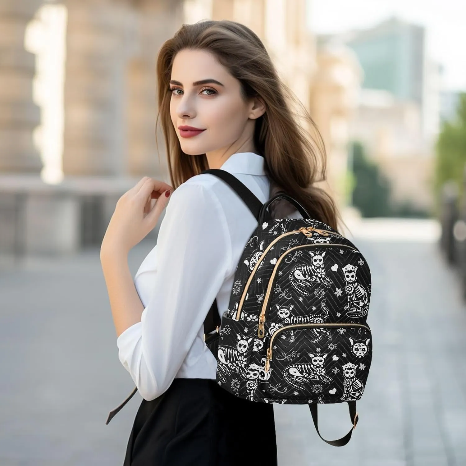 Women Fashion Backpack Purse Casual Lightweight Travel Shoulder Bag Death Cat Rucksack Ladies Bag, Medium