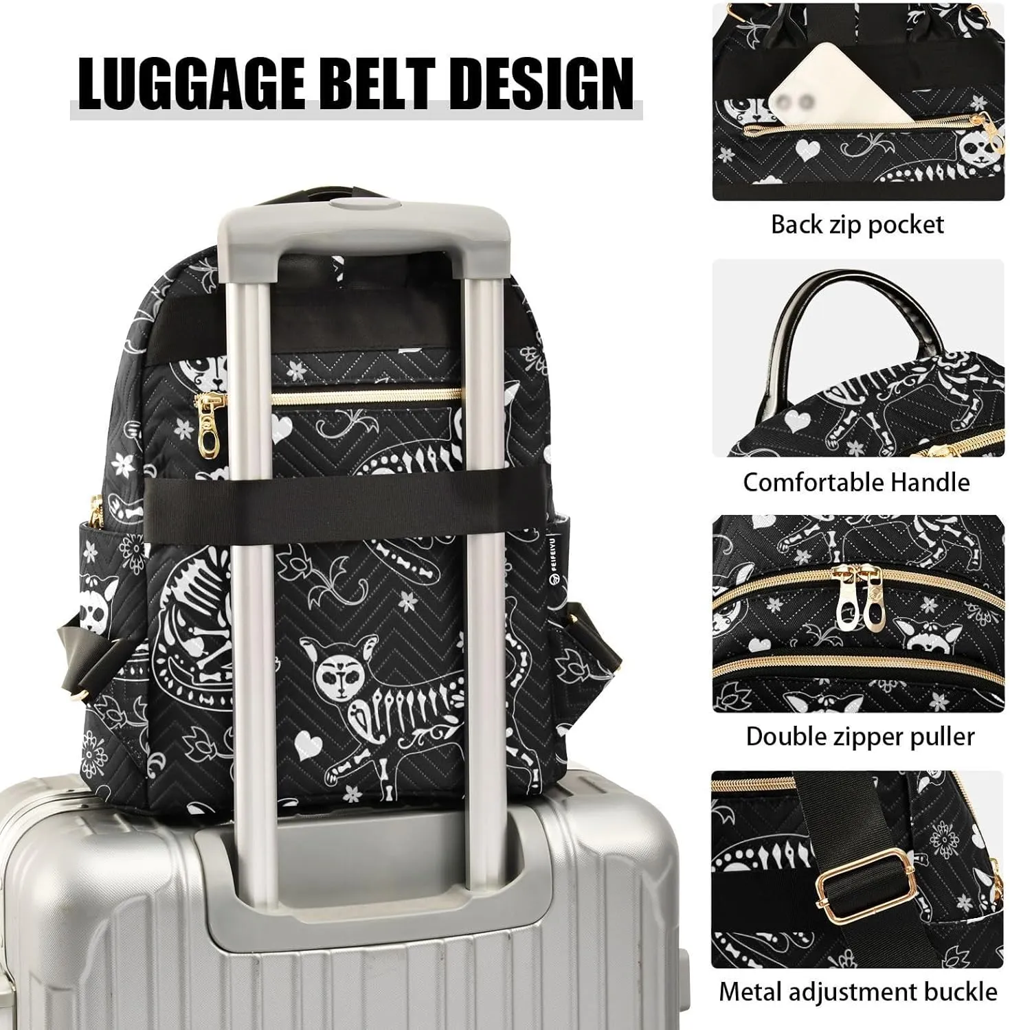 Women Fashion Backpack Purse Casual Lightweight Travel Shoulder Bag Death Cat Rucksack Ladies Bag, Medium