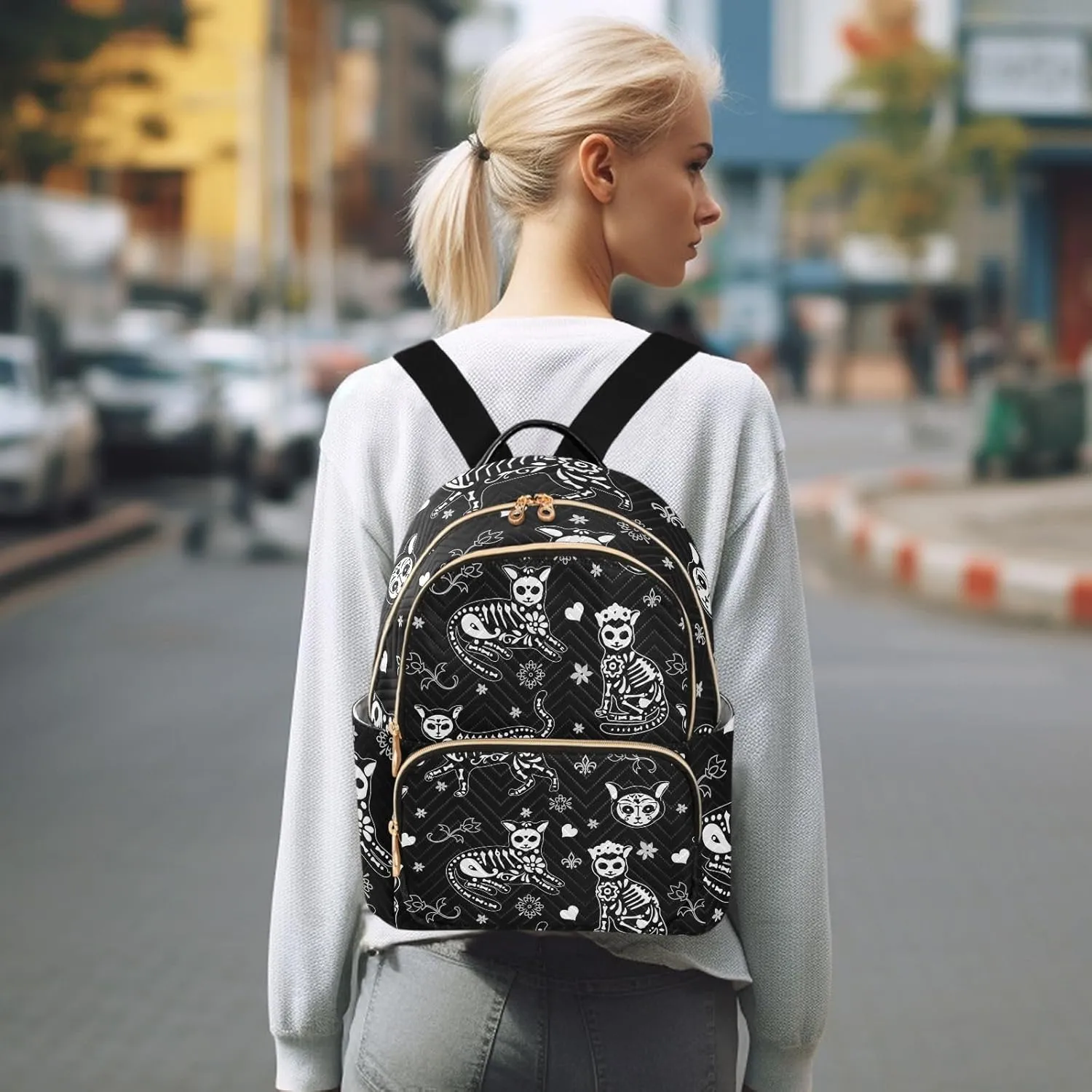 Women Fashion Backpack Purse Casual Lightweight Travel Shoulder Bag Death Cat Rucksack Ladies Bag, Medium