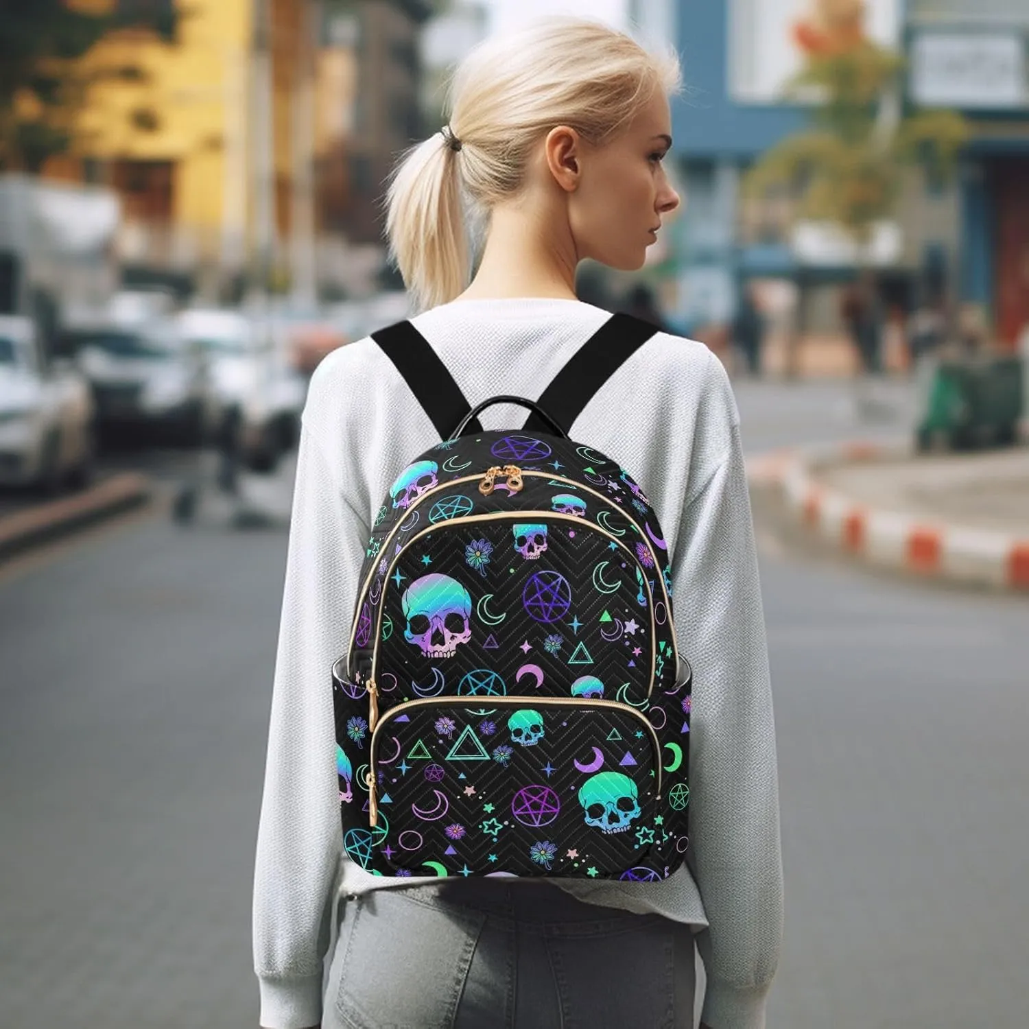 Women Fashion Backpack Purse Casual Lightweight Travel Shoulder Bag Magic Skull Rucksack Ladies Bag, Medium