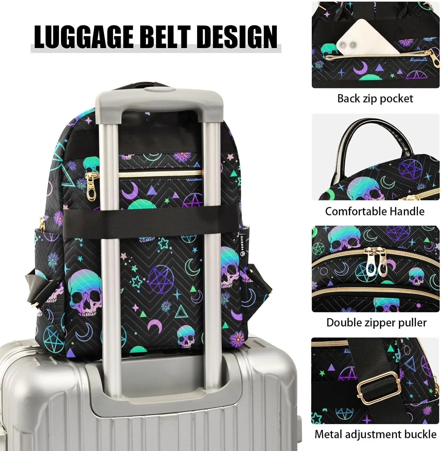 Women Fashion Backpack Purse Casual Lightweight Travel Shoulder Bag Magic Skull Rucksack Ladies Bag, Medium
