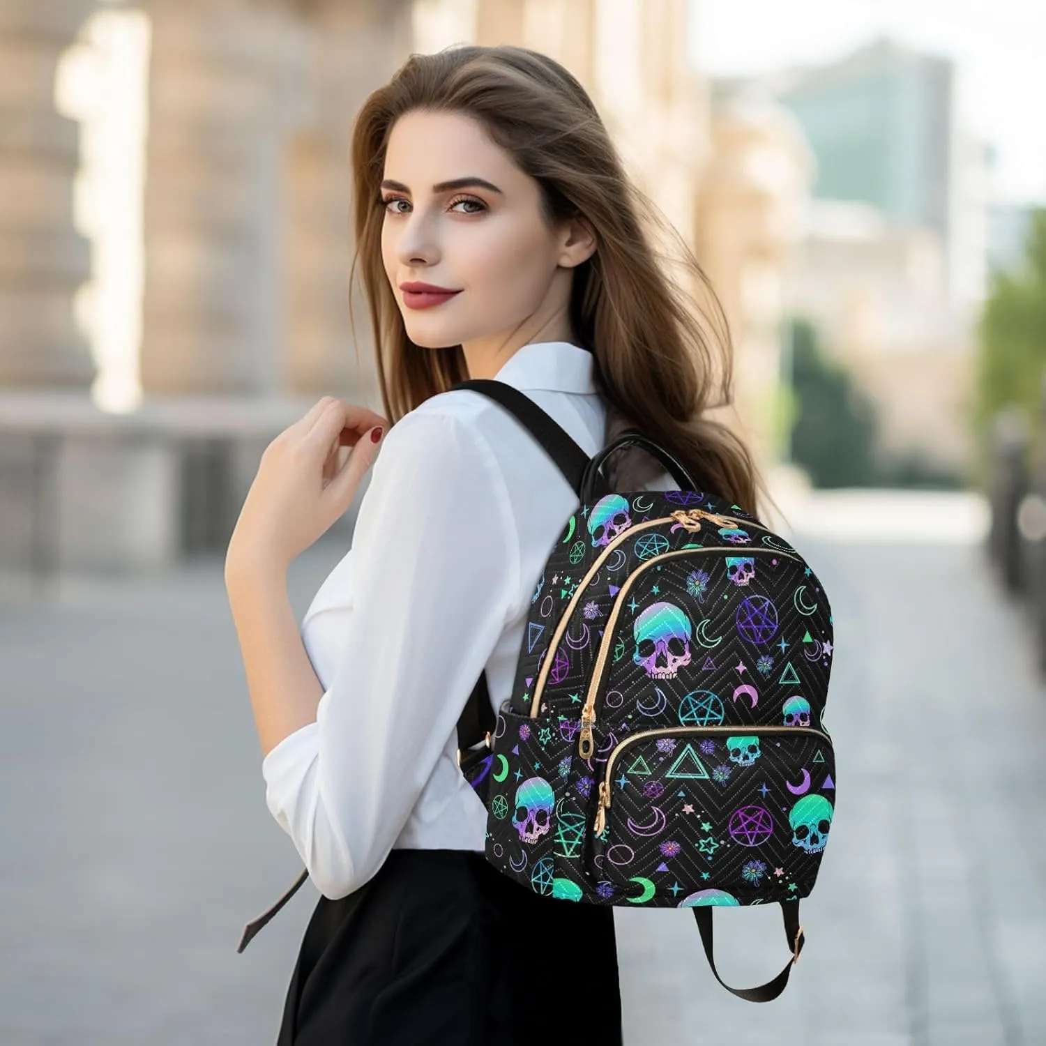 Women Fashion Backpack Purse Casual Lightweight Travel Shoulder Bag Magic Skull Rucksack Ladies Bag, Medium