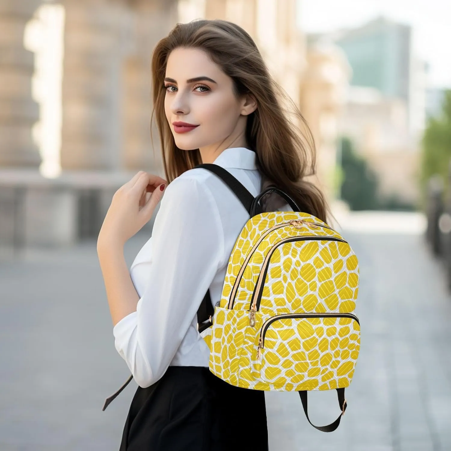 Women Fashion Backpack Purse Yellow Lizard Skin Texture Mini Travel Backpack Ladies Shoulder Bag Work Daypack 14L