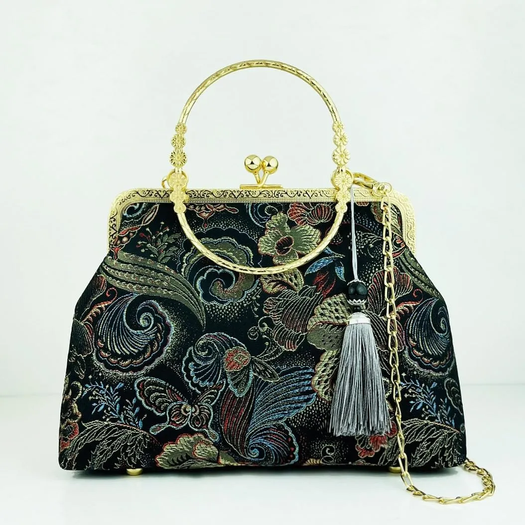 Women Girls Flowers Embroidered Top-handle Bag Chinese Vintage Kiss Lock Tote Handbag Wedding Party Evening Clutch Purse