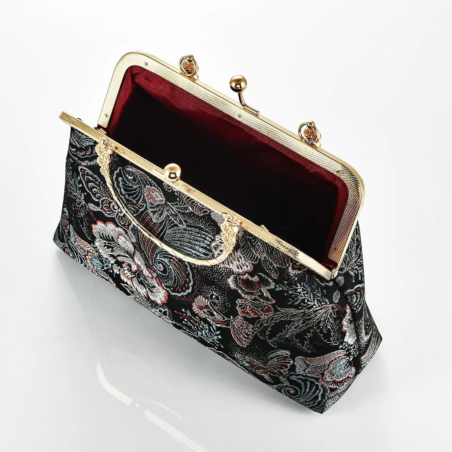 Women Girls Flowers Embroidered Top-handle Bag Chinese Vintage Kiss Lock Tote Handbag Wedding Party Evening Clutch Purse