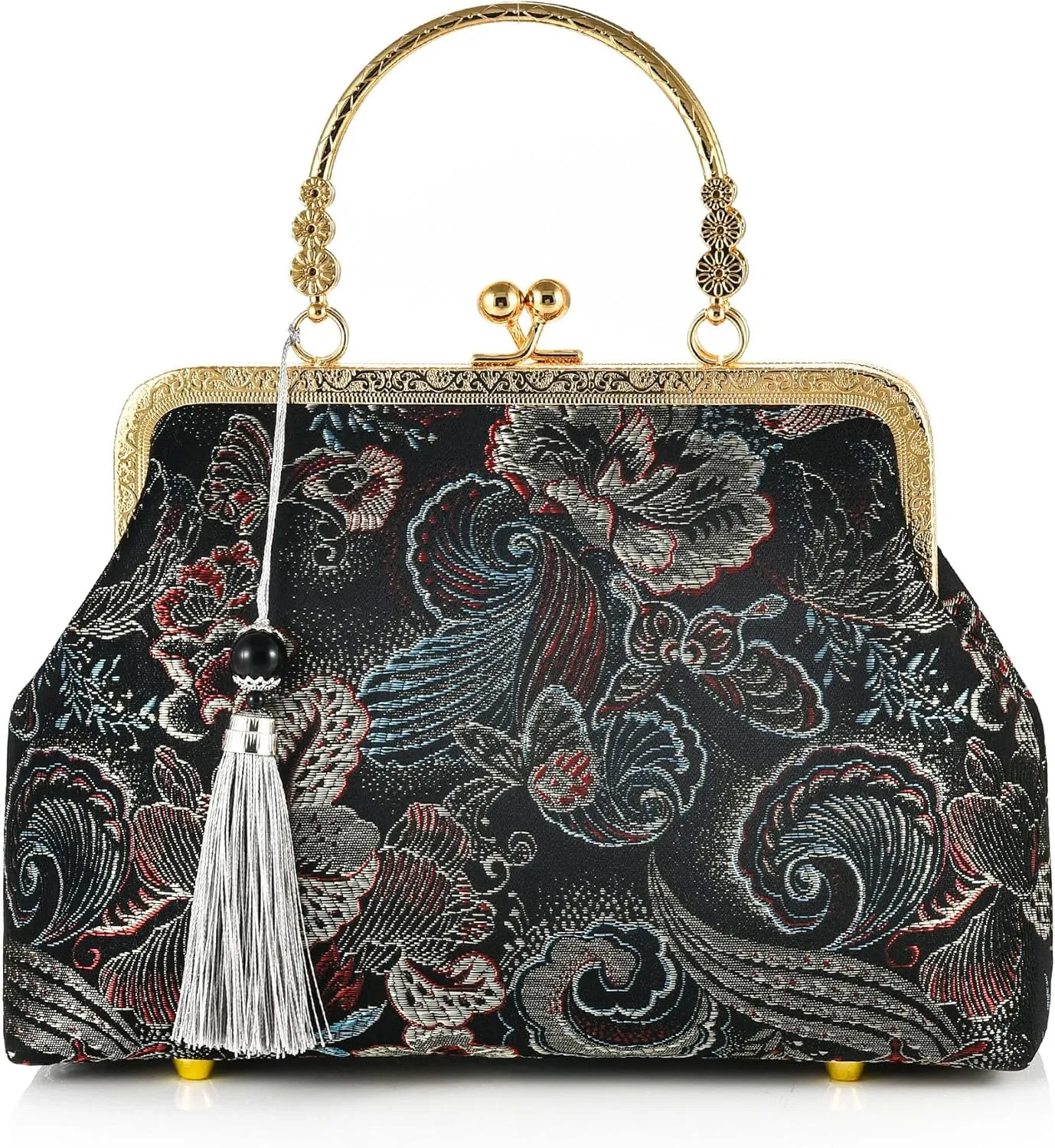 Women Girls Flowers Embroidered Top-handle Bag Chinese Vintage Kiss Lock Tote Handbag Wedding Party Evening Clutch Purse