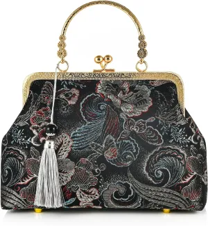 Women Girls Flowers Embroidered Top-handle Bag Chinese Vintage Kiss Lock Tote Handbag Wedding Party Evening Clutch Purse