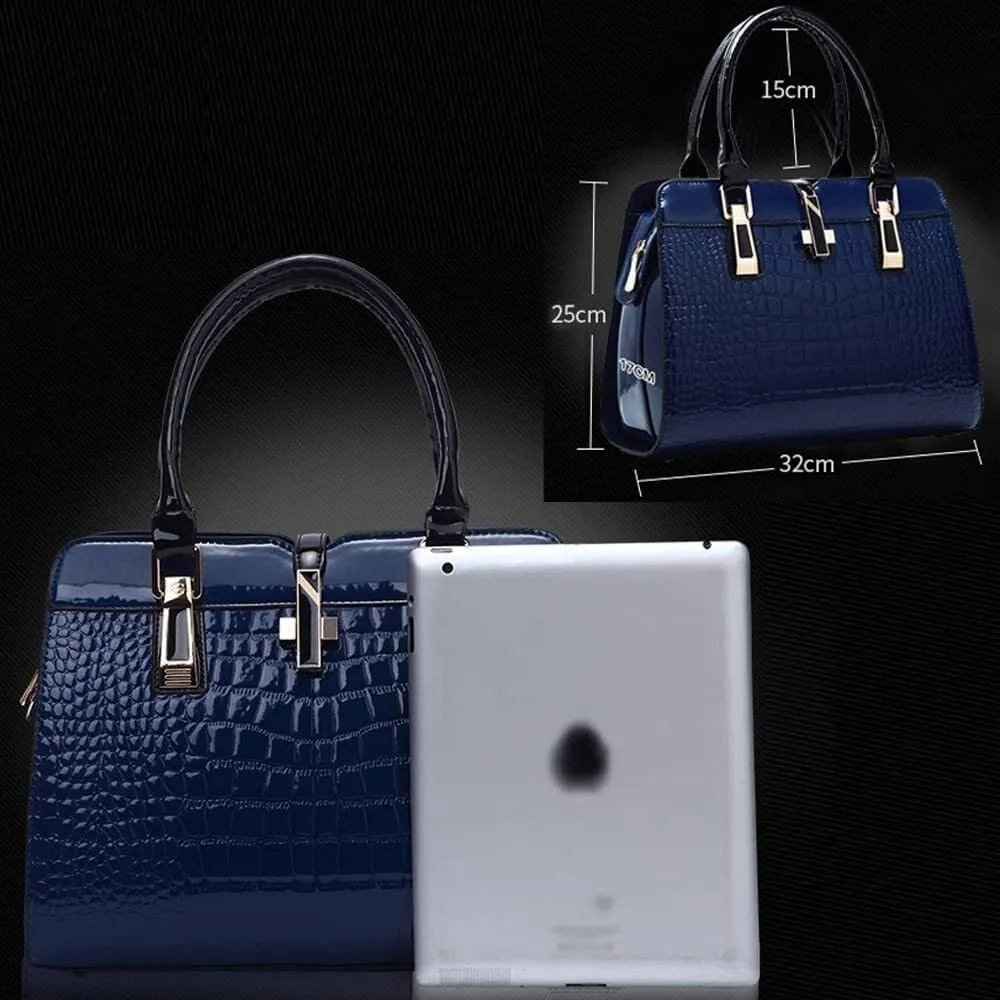 Women Handbag Leather Top Handle Handbag Crocodile Print Ladies Bright Large Capacity Bag with Adjustable Long Strap