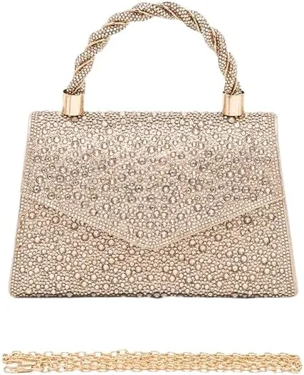 Women Luxury Rhinestone Top Handle Clutch Bag – Elegant Evening Handbag with Shoulder Chain for Weddings, Parties