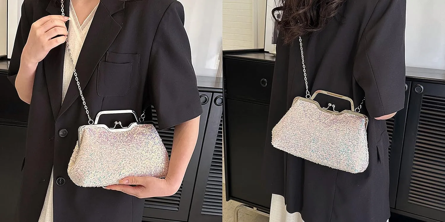 Women Mini Glitter Sequin Evening Handbag Clutch Metal Top-handle Bag Chain Strap Cross-body Bag