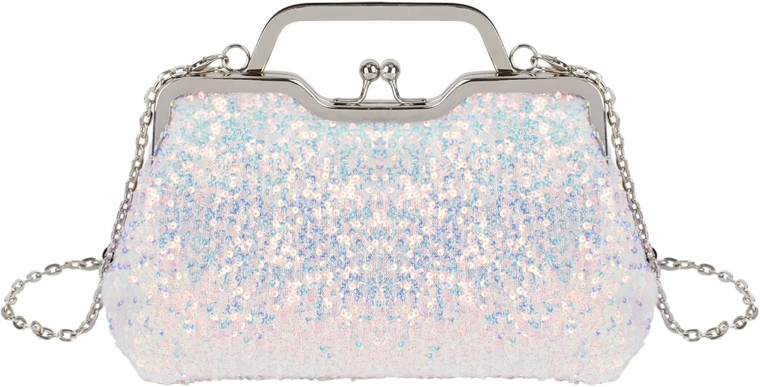 Women Mini Glitter Sequin Evening Handbag Clutch Metal Top-handle Bag Chain Strap Cross-body Bag